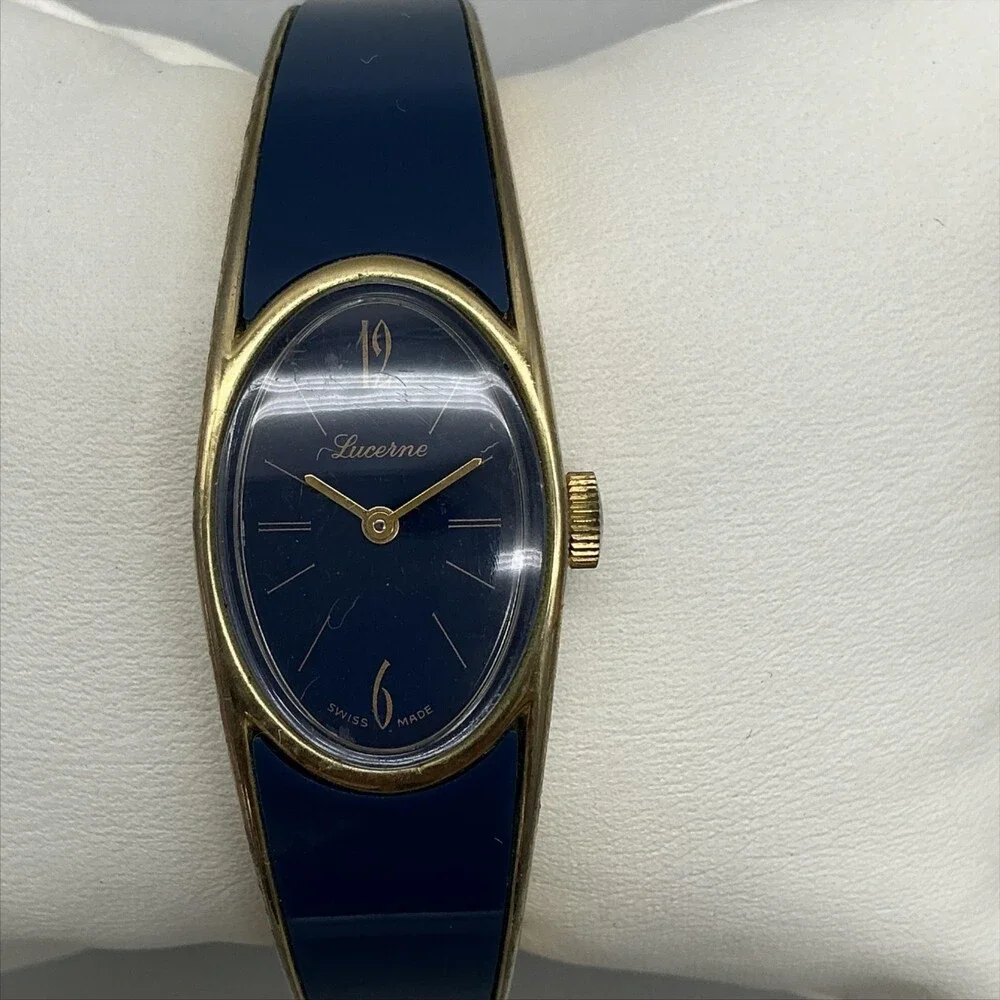 Vintage Lucerne Womens Watch 18mm Blue Dial Gold Tone Swiss Manual Wind 6.25
